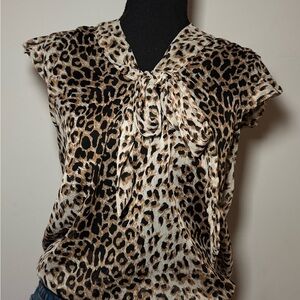 Leopard Print Tie-Neck Blouse - Black, Tan, Cream